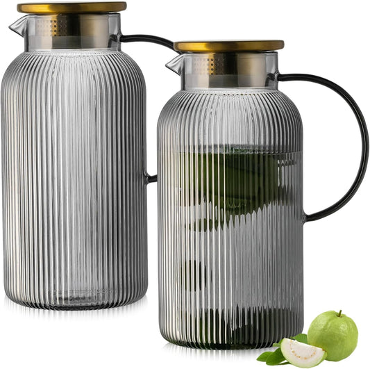 2 PACK Glass Pitcher with Lid, 68 oz/ 2 Liter Gray Classic Vertical Stripes Water Pitcher,Glass Water Carafe for Cold Brew, Coffee, Lemonade, Iced Tea,Beverage, Heat Resistant Water Glass Jug