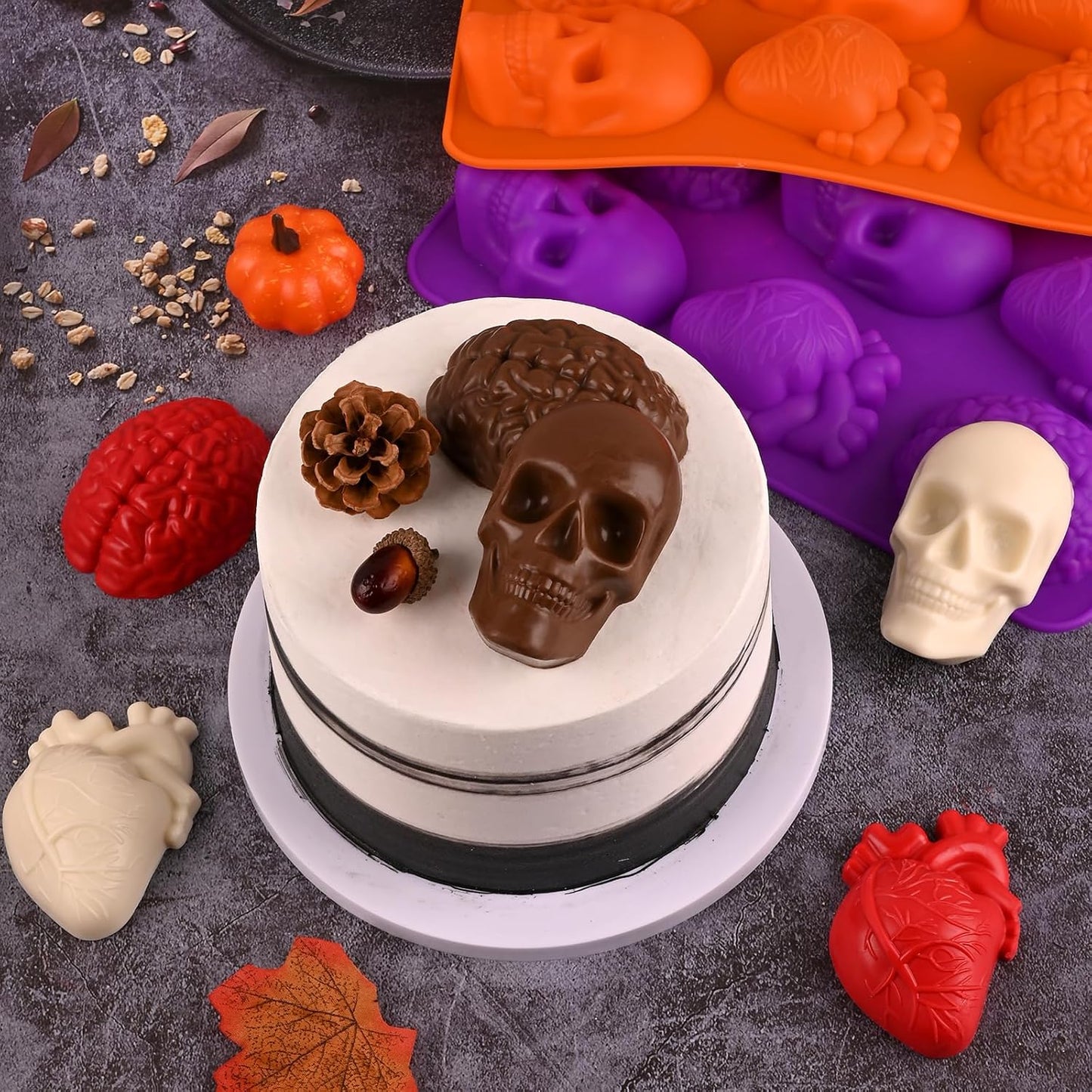 Sakolla Skull Brain and Heart Silicone Mold, 2 Pack Halloween Baking Molds for Make Human Organs shape Cake, Chocolate, Gelatin, Jelly, Soap and Resin