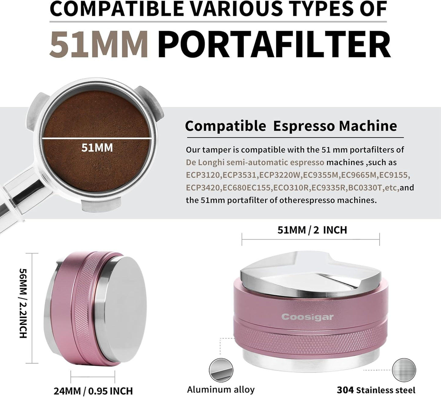 51mm Coffee Distributor and Tamper,Dual Head Coffee Leveler Fits for Delonghi 51mm Portafilter,Professional Espresso Hand Tamper.(Light pink)