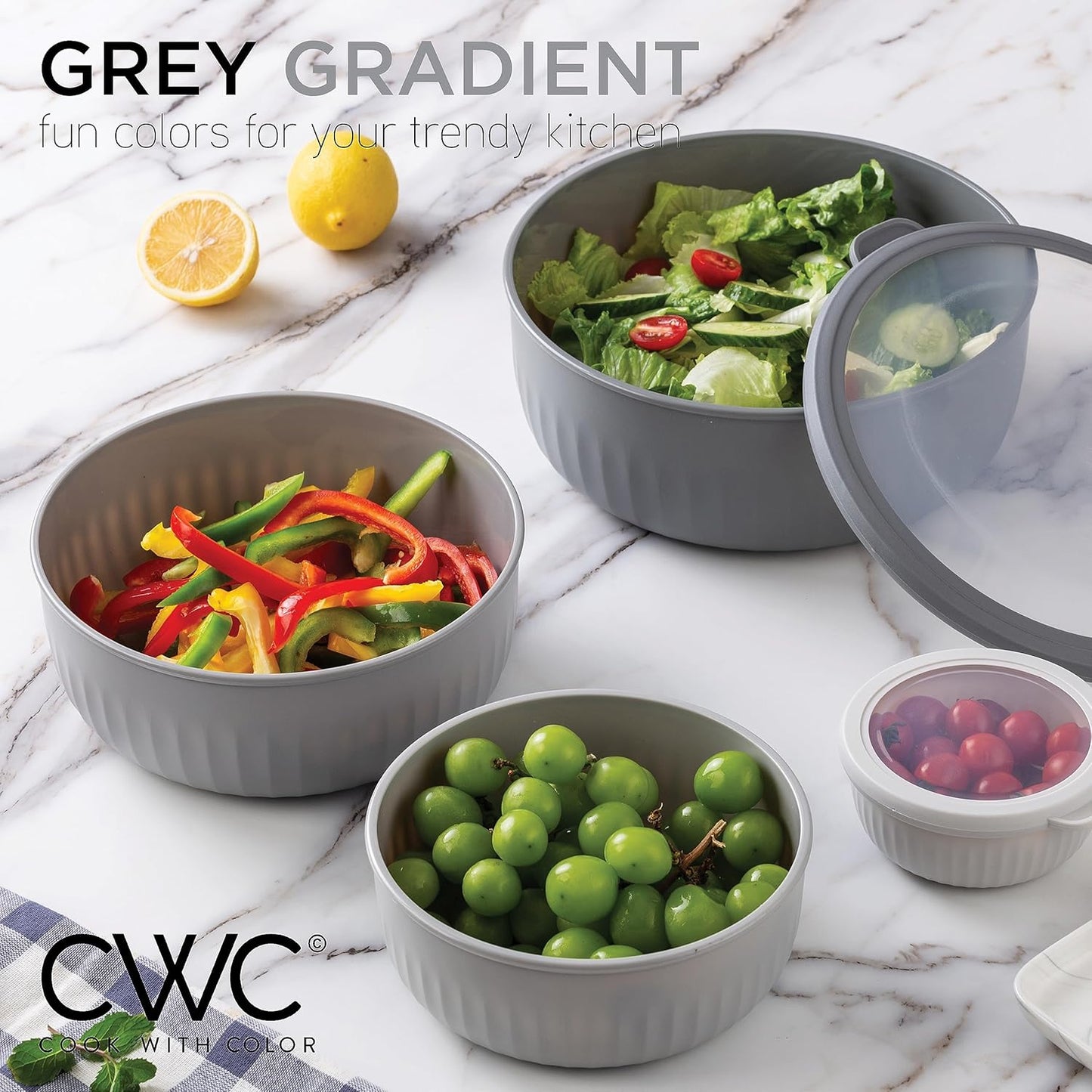 COOK WITH COLOR Prep Bowls with Lids- Wide and Deep Nesting Plastic Small Mixing Bowl Set with Lids, 12 Piece Set - Wide Bowls, Gray