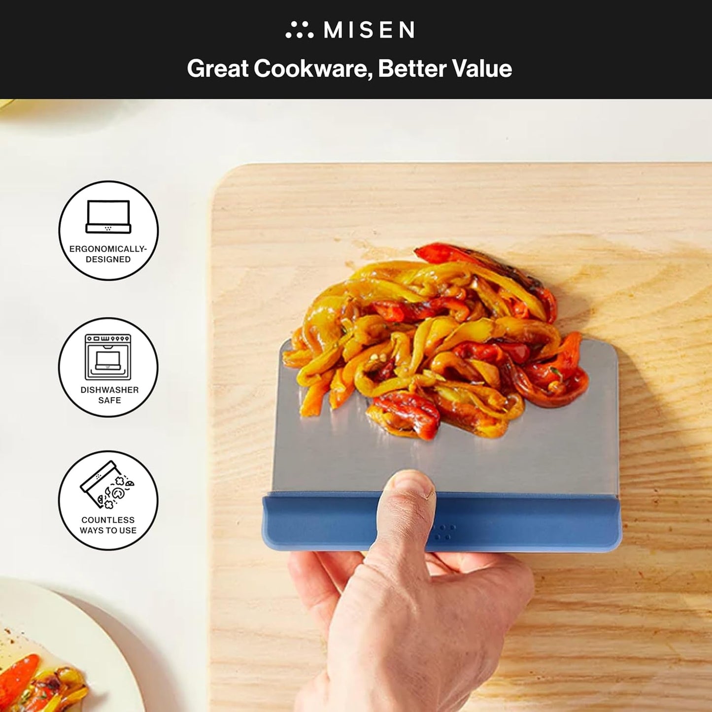 Misen Stainless Steel Bench Scraper - Versatile Food Scraper with Walnut Handle - Ideal for Kitchen, Pastry & Dough - Durable Cutting Board Scraper Tool for Effortless Transfer into Pots & Pans - Blue