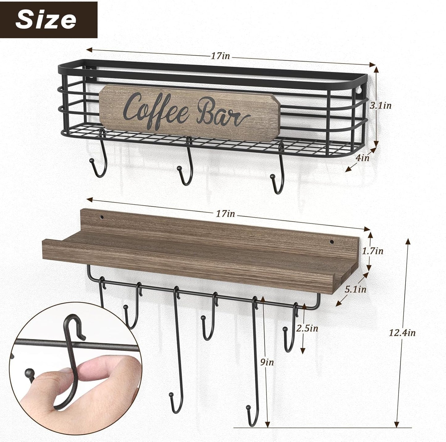 Coffee Mug Holder Organizer 2 Pack with 12 Mug Hooks Mug Rack Wall Mounted with Coffee Bar Sign Farmhouse Coffee Accessories and Organizer with Metal Basket Floating Shelves for Wall Weathered Walnut