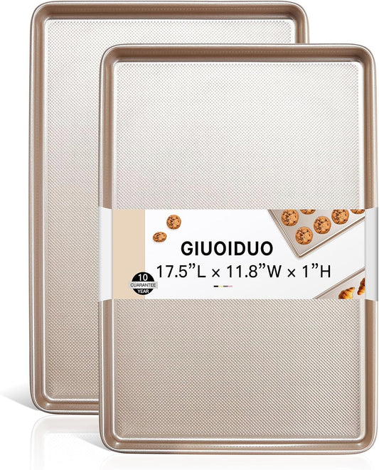 Baking Sheet Pan Set of 2, Cookie Sheets for Oven, Nonstick Half/Quarter/Jelly Roll Pans with Diamond Texture Pattern, 0.8mm Thick Heavy Duty Cookie Tray, Champagne Gold（17.5 * 11.8 * 1inch）