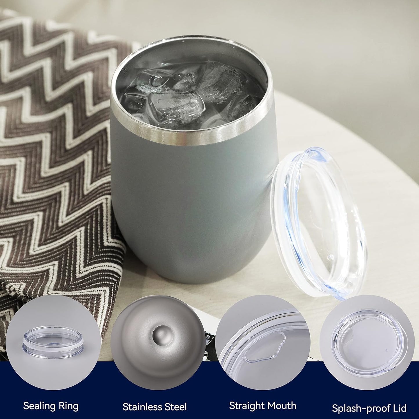 DOMICARE Stainless Steel Wine Tumbler Bulk with Lid, Personalized Insulated Tumblers Set, 12oz Travel Coffee Cups Pack of 1, Gray