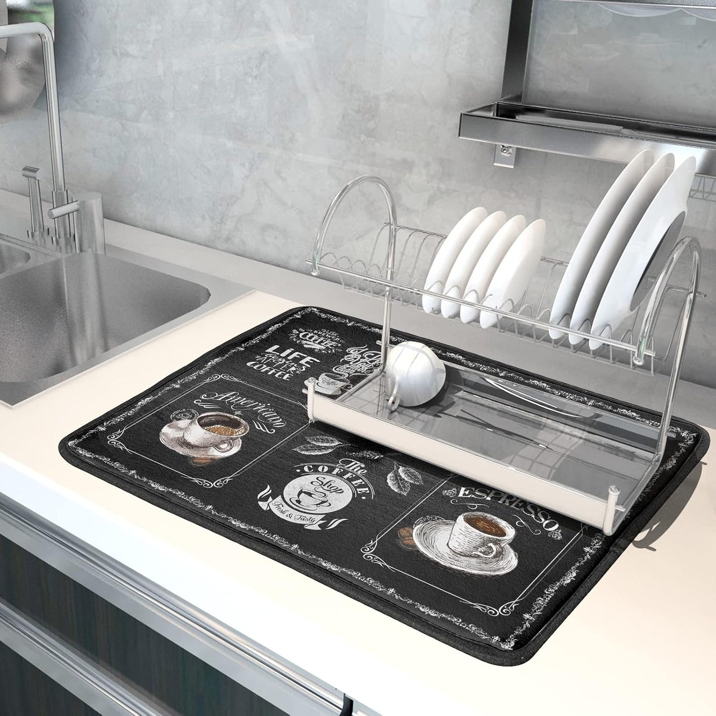 Coffee Bean Maker Dish Drying Mat for Countertops, 18x24 inch Absorbent Microfiber Espresso Cup Spill Mats Black Machine Drainer Mat Dish Drainer Rack Mat Protector Kitchen Accessories Bar Time Chef