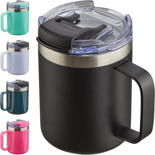ALOUFEA 12oz Insulated Coffee Mug Cup with Handle, Stainless Steel Travel Coffee Mug with Flip Lid, Double Wall Vacuum Coffee Tumbler, Black