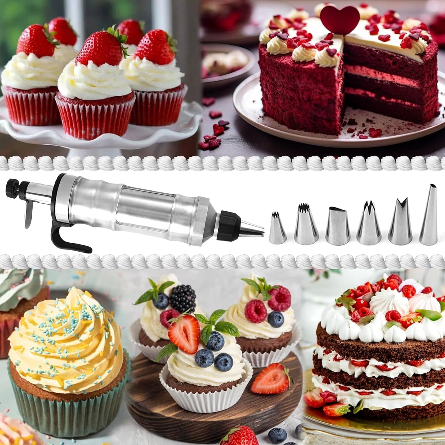 FANTEXY Dessert Decorating Syringe Set, Icing Piping Kit Stainless Steels Cake Decorating Tools 6 Piping Icing Nozzles Cupcake Decorating Kit