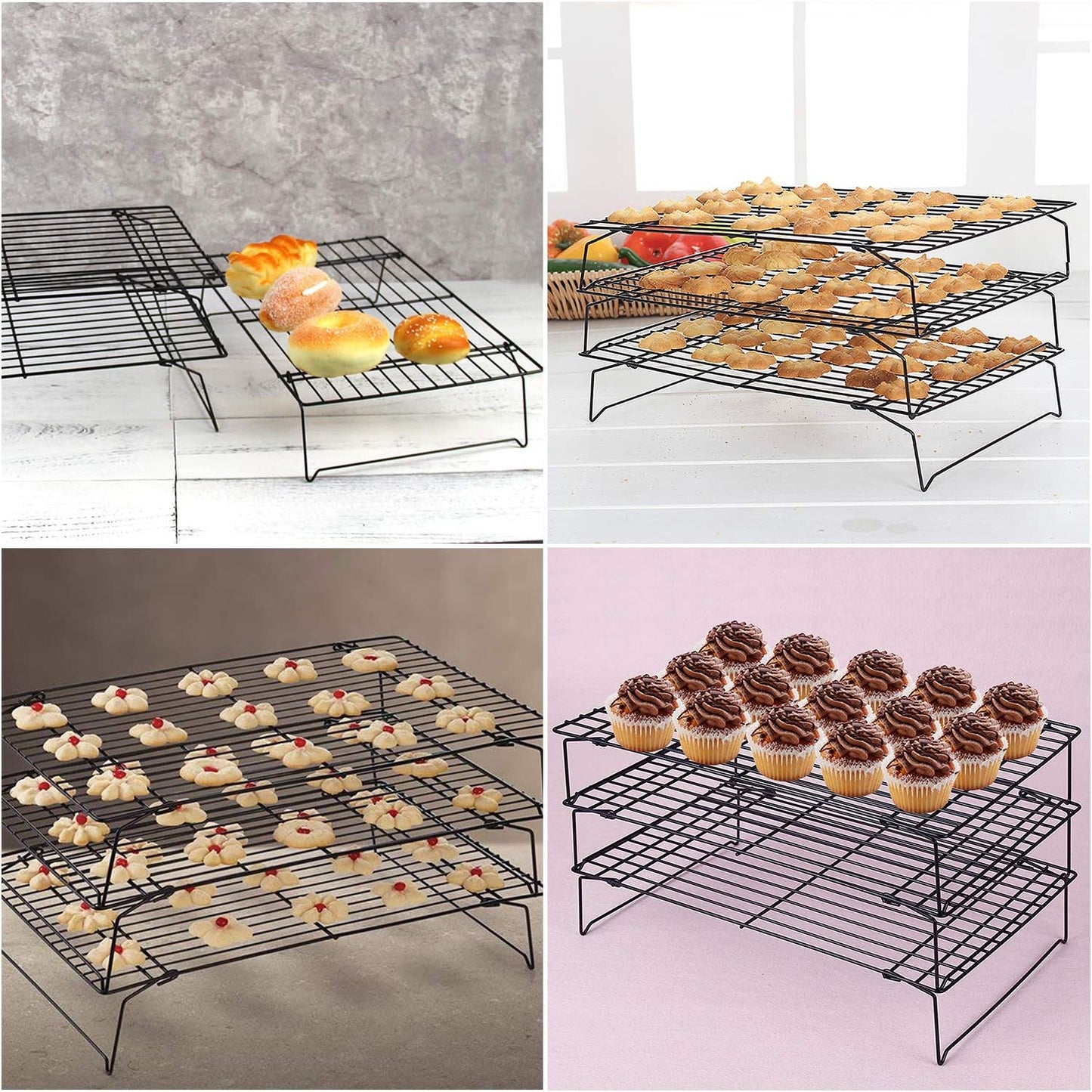 Lainrrew Cooling Rack, 3 Tier Stackable Baking Rack Stainless Steel Wire Cooking Rack for Cooking Roasting Cooling, Collapsible & Foldable, Dishwasher & Oven Safe