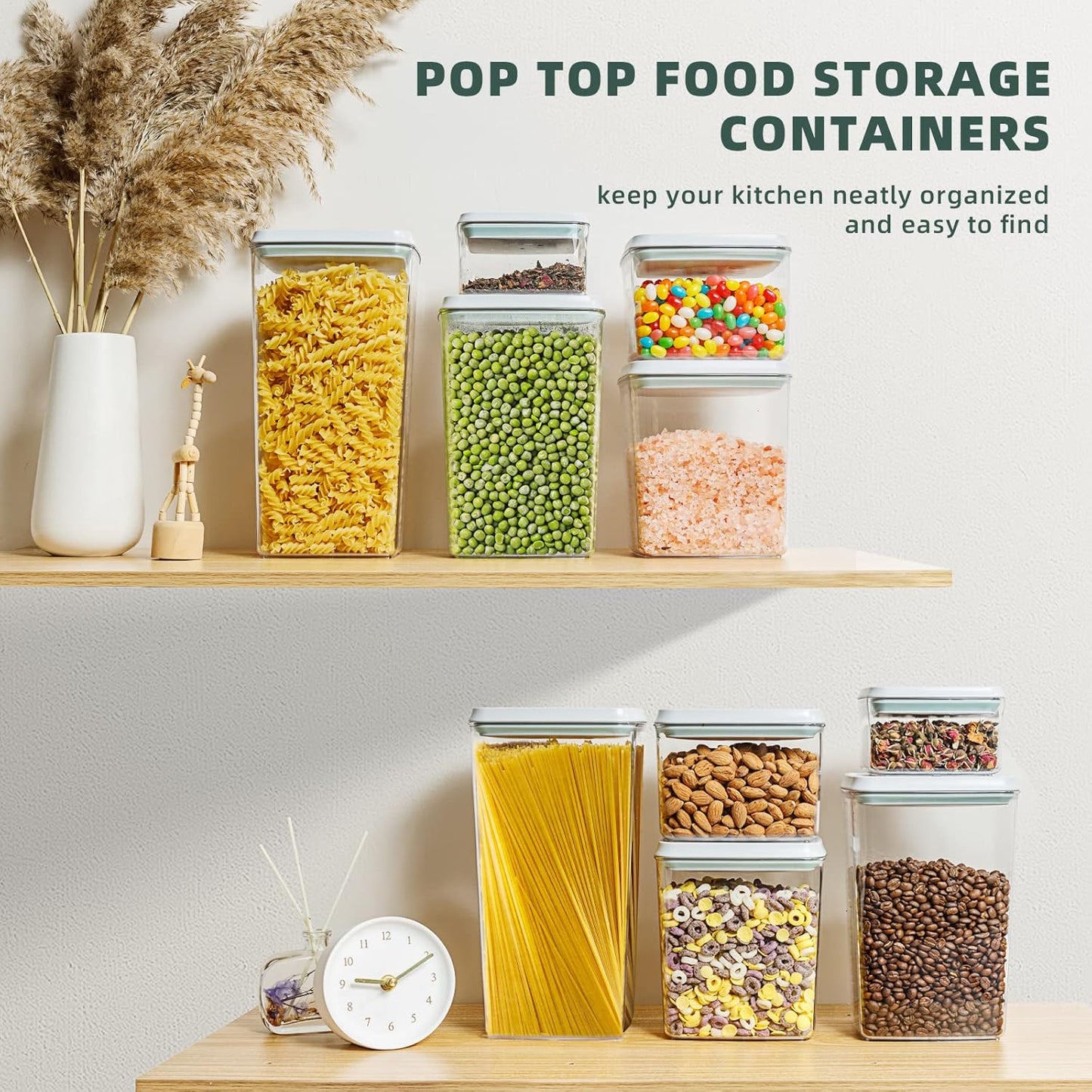Airtight Pop Food Containers with Lids, 10 PCS Kitchen and Pantry Organization Canisters for Cereal, Dry Food, Sugar, Snack, Flour, Spaghetti
