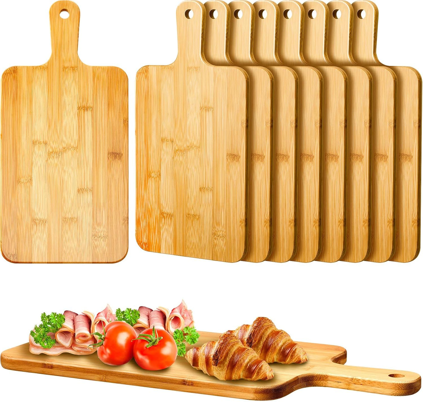 Nuenen 10 Pcs Wood Cutting Board with Handle 15.7 x 7.8 Inch Bamboo Wooden Serving Kitchen Chopping Boards for Pizza, Bread, Cheese, Charcuterie, Fruit, Vegetables(Bamboo)