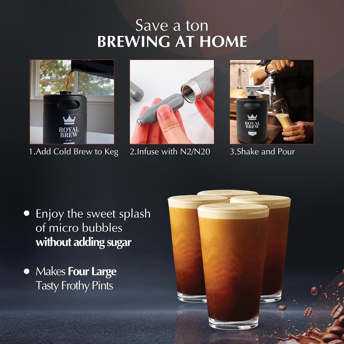 The Original Royal Brew Nitro Cold Brew Coffee Maker - Gift for Coffee Lovers - 64 oz Home Keg, Nitrogen Gas System Coffee Dispenser Kit