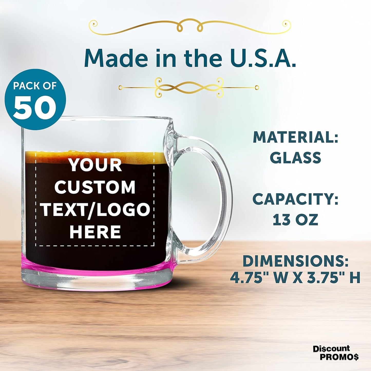 Custom Libbey Clear Glass Coffee Mugs 13 oz. Set of 50, Personalized Bulk Pack - Perfect for Coffee, Tea, Espresso, Hot Cocoa, Other Beverages - Pink Bottom