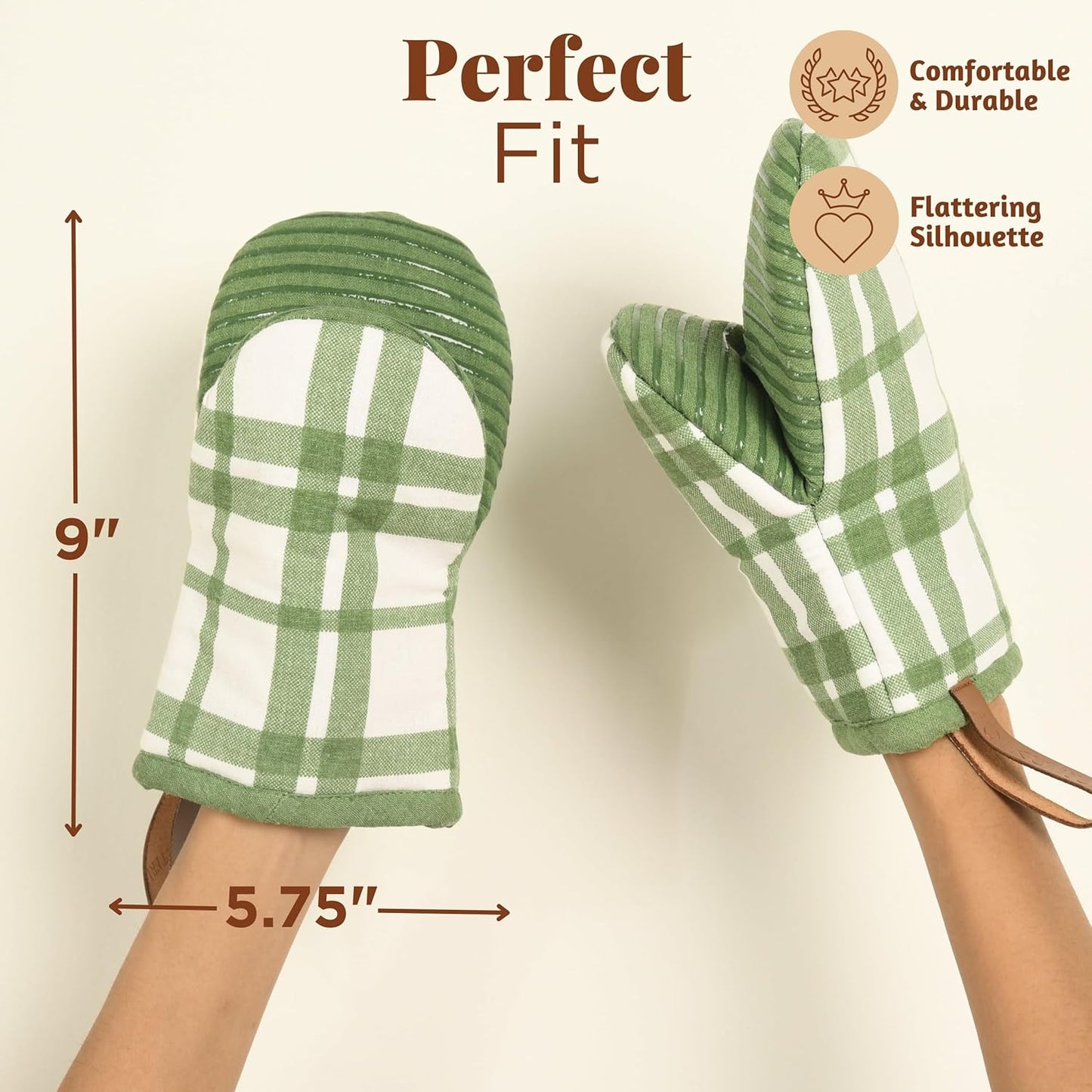 Folkulture Mini Oven Mitts Heat Resistant | (5.75 x9) Set of 2 Short Green Oven Mitts with Hanging Loop | 100% Cotton Oven Gloves or Kitchen Mittens | Small Oven Mitt Set or Green Silicone Oven Mit
