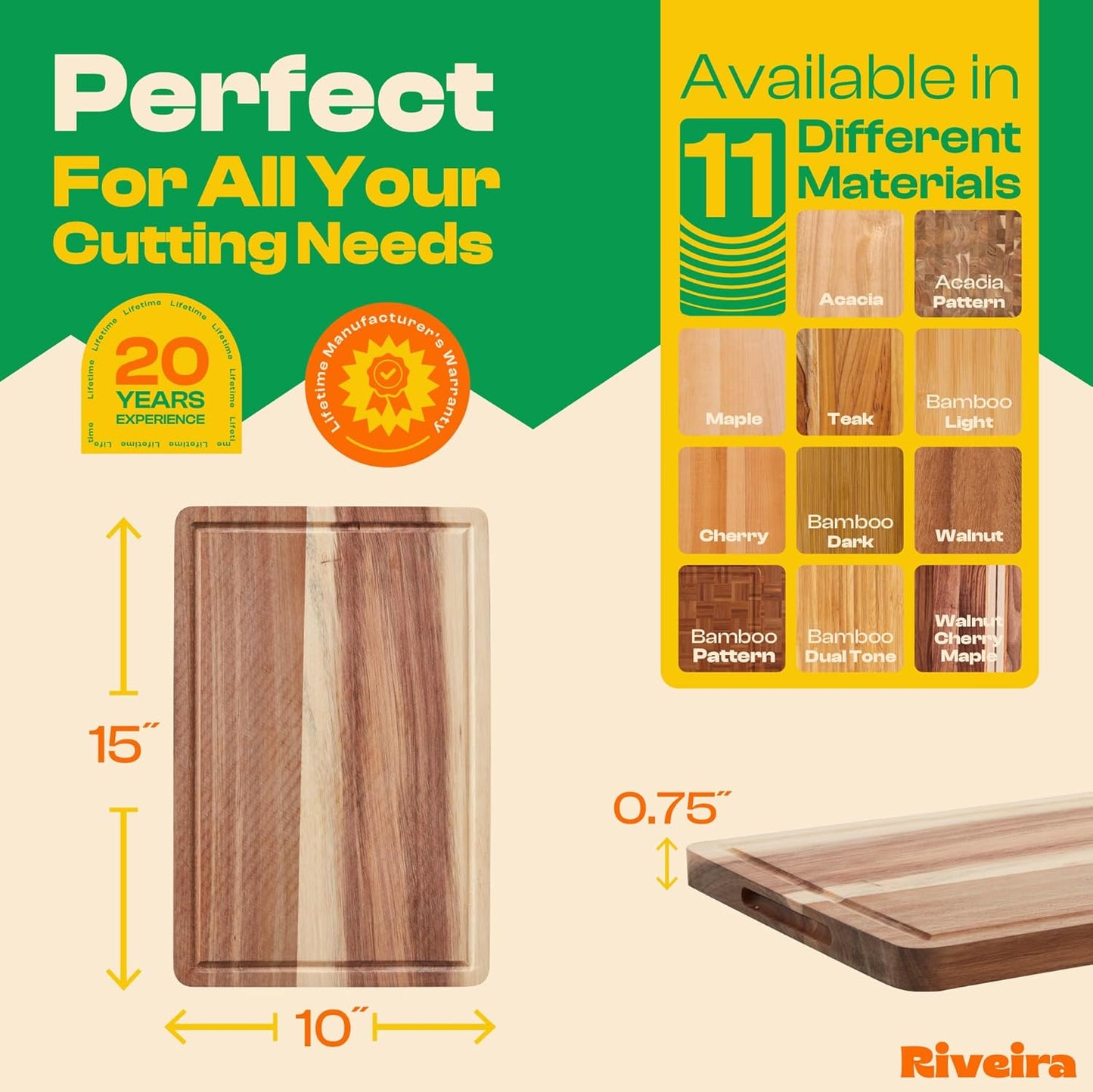 Riveira Acacia Wood Cutting Board – Gourmet Acacia Grandeur: 15 x 10 Wooden Cutting Board – Natural Wooden Cutting Boards For Kitchen Decorative – Innovative Juice Grooves Acacia Wooden Chopping Board