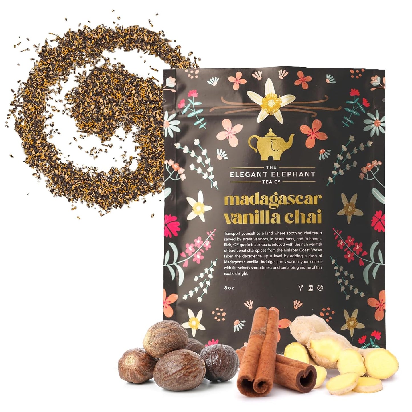 Madagascar Vanilla Chai Tea, Organic Loose Leaf Chai Tea – Black Tea with Chai Spice Blend – Great Hot or Iced Chai Latte – 8 oz Resealable Bag (Makes 100 Cups) – The Elegant Elephant
