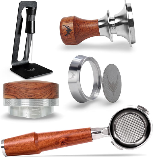 Gaggia Espresso Machine Accessories Kit: 58mm Bottomless Portafilter, Wooden 30lb Tamper, Distribution Tool, WDT Stirrer, Dosing Funnel & Puck Screen - Perfect for Gaggia Classic Models
