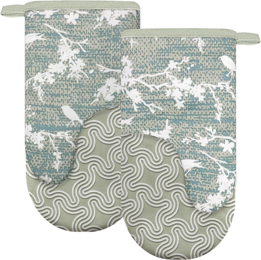 Thumb Oven Mitts, Heat and Slip Resistant Silicone Kitchen Mittens 2-Pack Set, Aqua Birds Soft Long Oven Gloves, Flexible Thick Potholders for Safe Baking Cooking and Grilling (Aqua)