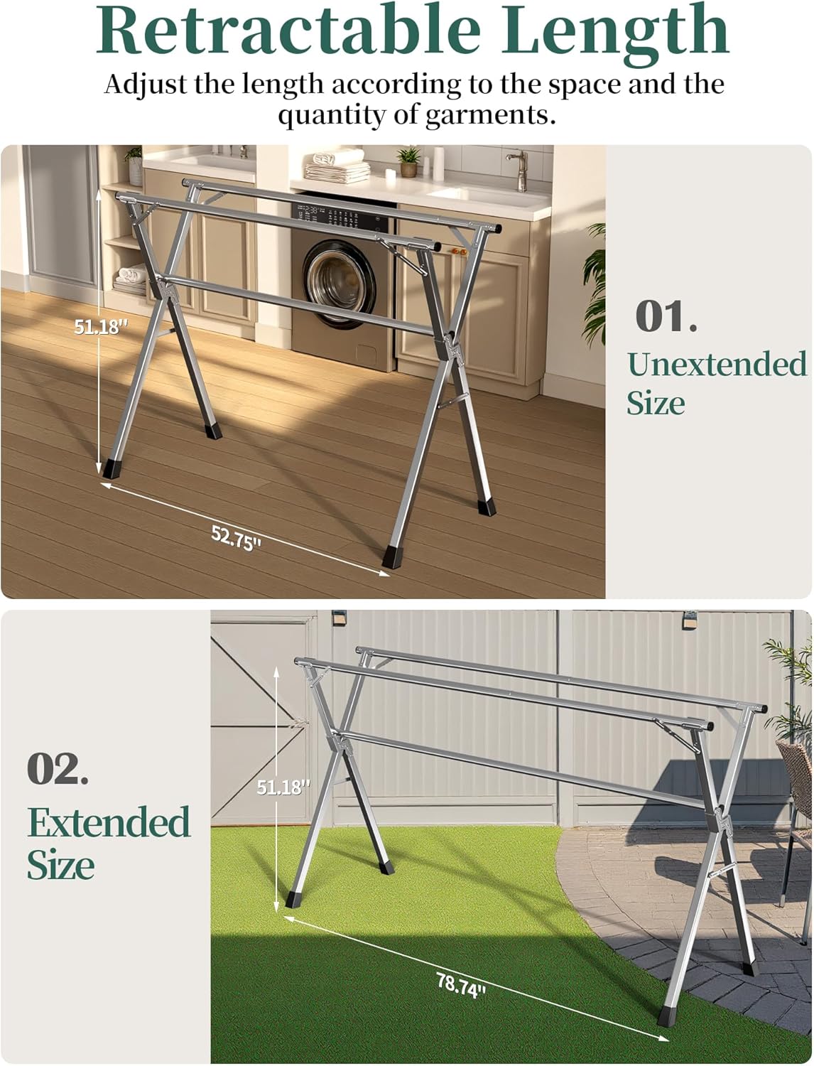79 Inches Heavy - Duty Stainless Steel Folding Clothes Drying Rack Indoor Outdoor Anti-Rust 20 Windproof Hooks Portable & Foldable Laundry Rack (79'')