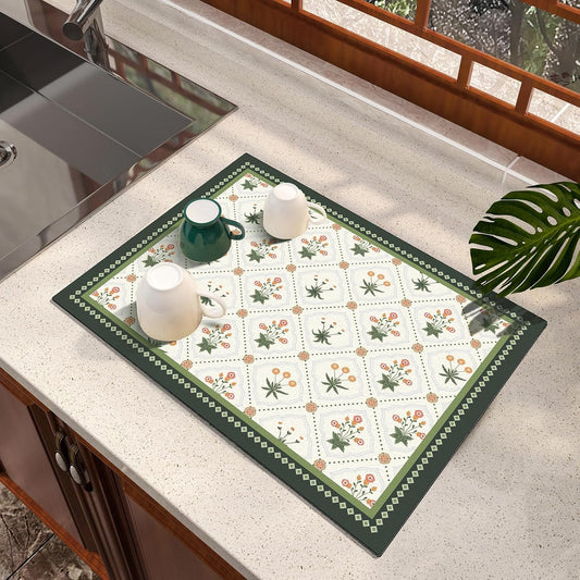 Dish Drying Mat Diatomaceous Earth Soft Coffee Mat, Silicone Dish Drying Mat for Kitchen Counter or Sink for Kitchen Bathroom Coffee Bar (Green, 16 x 24 Inches)