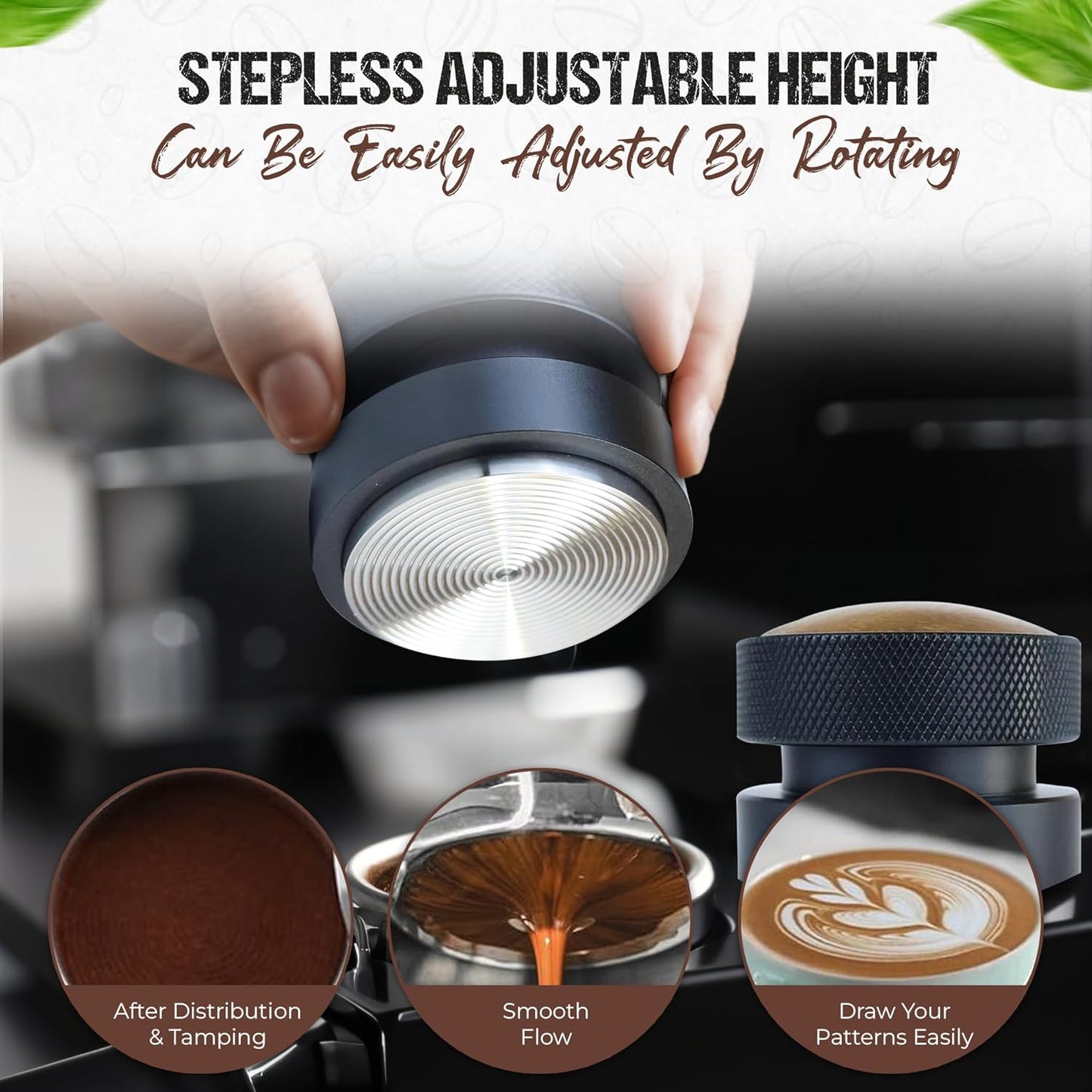 53mm Espresso Tamper, Tamping Tool, Aluminum Alloy, Stainless Steel with Premium Walnut Wood Cap Gravitational Force, Adjustable Height for 54mm Portafilters, Espresso Coffee Accessories