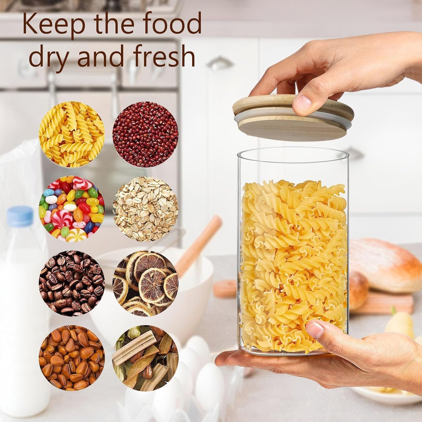 40oz Round Glass Storage Containers with Lids, Clear Food Storage Container Jar with Sealing Bamboo Lid for Noodles Flour Cereal Rice Sugar Tea Coffee Beans, Round Set of 3