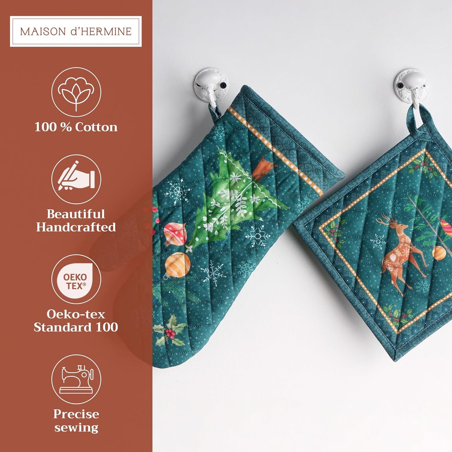 Maison d' Hermine 100% Cotton Oven Mitt & Pot Holder Set (7.5"x13" & 8"x8") Heat Resistant BBQ Cooking Gloves with Loop, Baking, Grilling, Kitchen, Handling Hot Pans (Hygge Christmas)