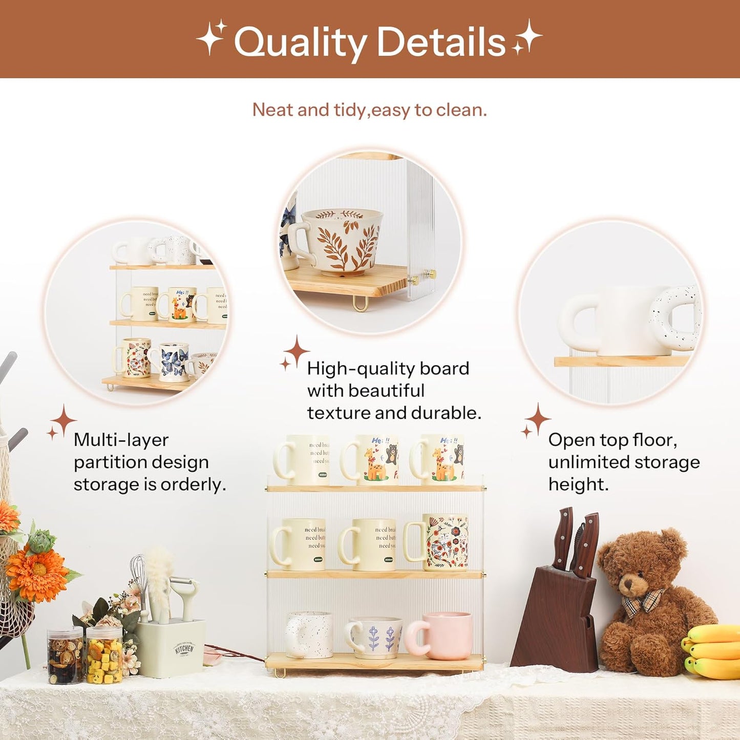 Coffee Mug Holder Wooden Cup Station Organizer 3 Tier Cup Holder for Coffee Bar Mug Display Rack for Countertop Mug Holder Shelf for Home Kitchen Pine Wood