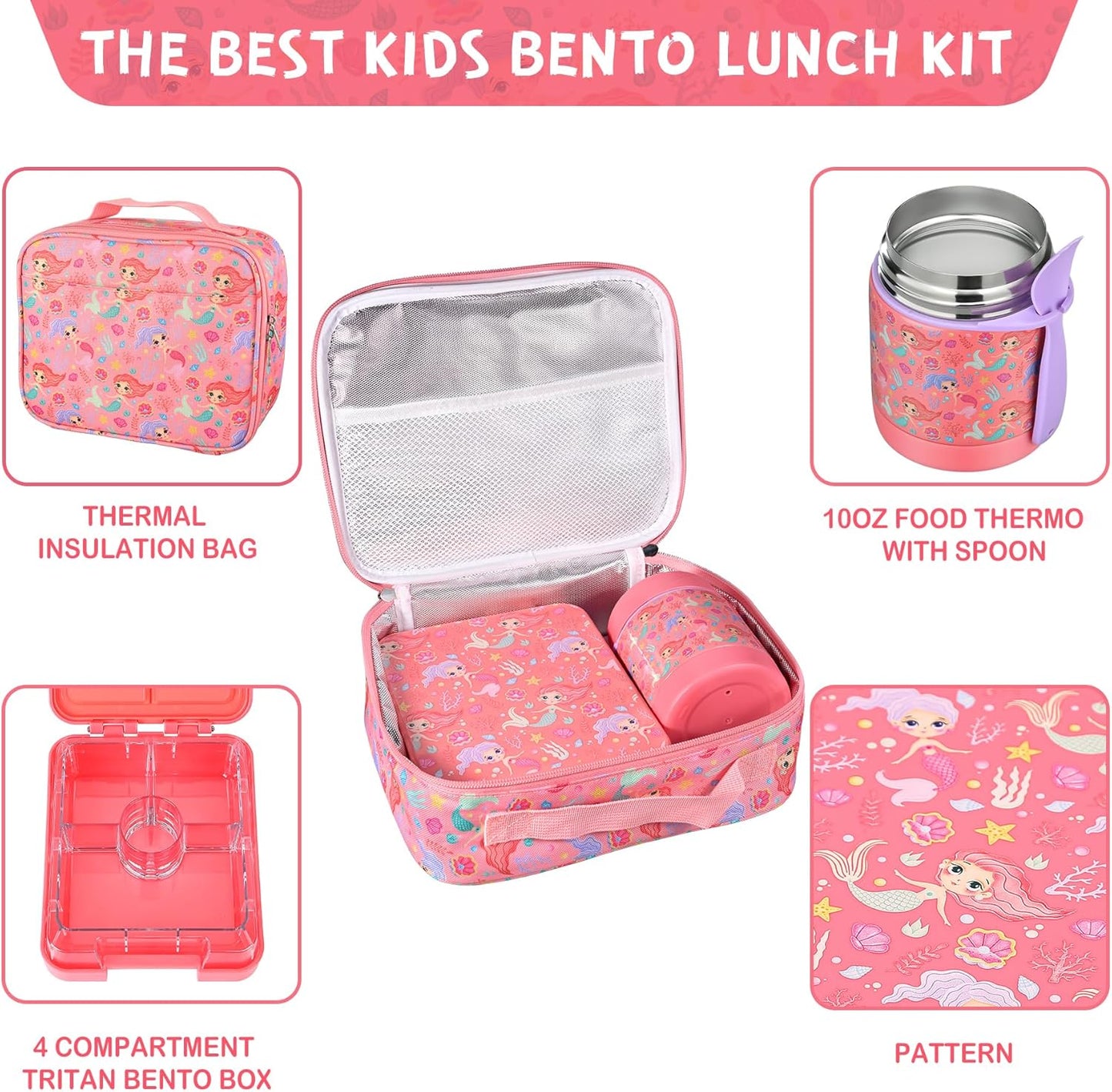 Bento Lunch Box Set With 10oz Soup Thermo, Leak-proof Lunch Containers with 4 Compartment, Kids Hot Thermo Food Jar/Insulation Lunch Bag, Food Containers for School（Mermaid）