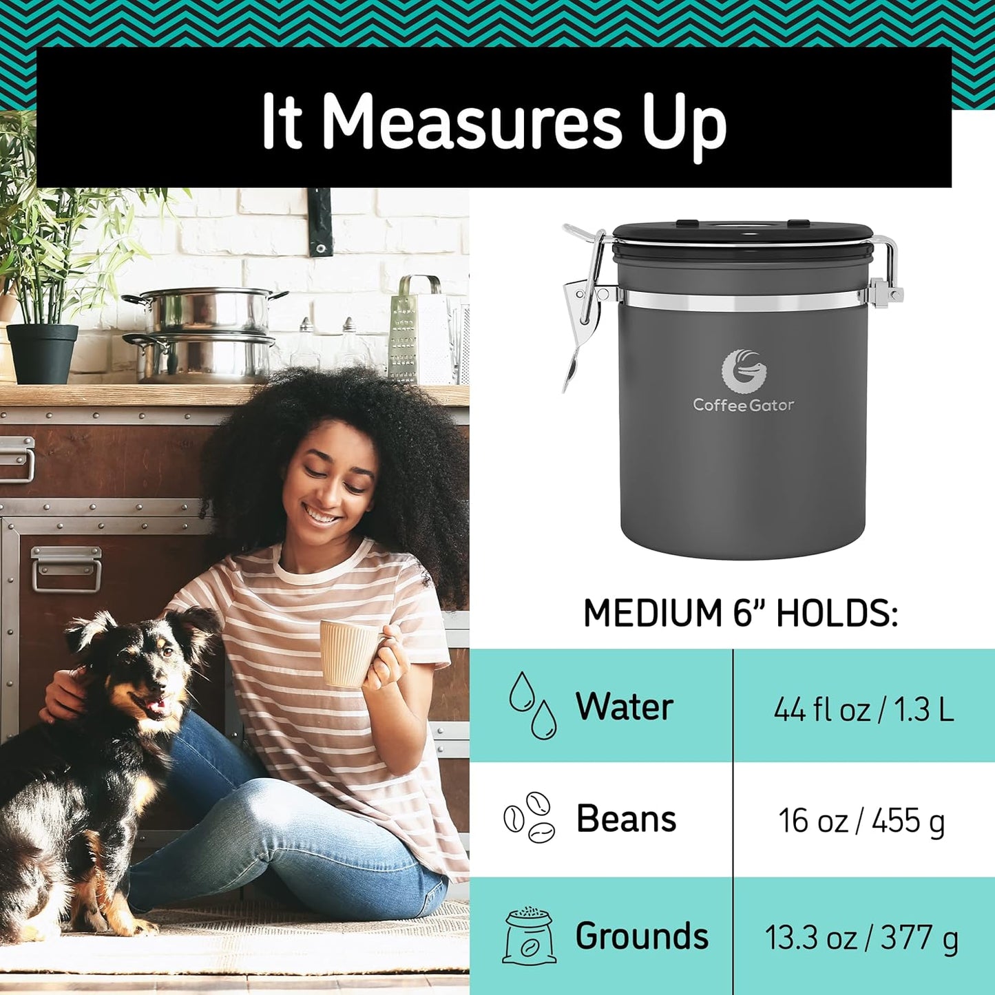 Coffee Gator Stainless Steel Canister - Medium 16oz, Gray Coffee Grounds and Beans Container with Date-Tracker, CO2-Release Valve, and Measuring Scoop - Ideal Coffee Lovers Gifts