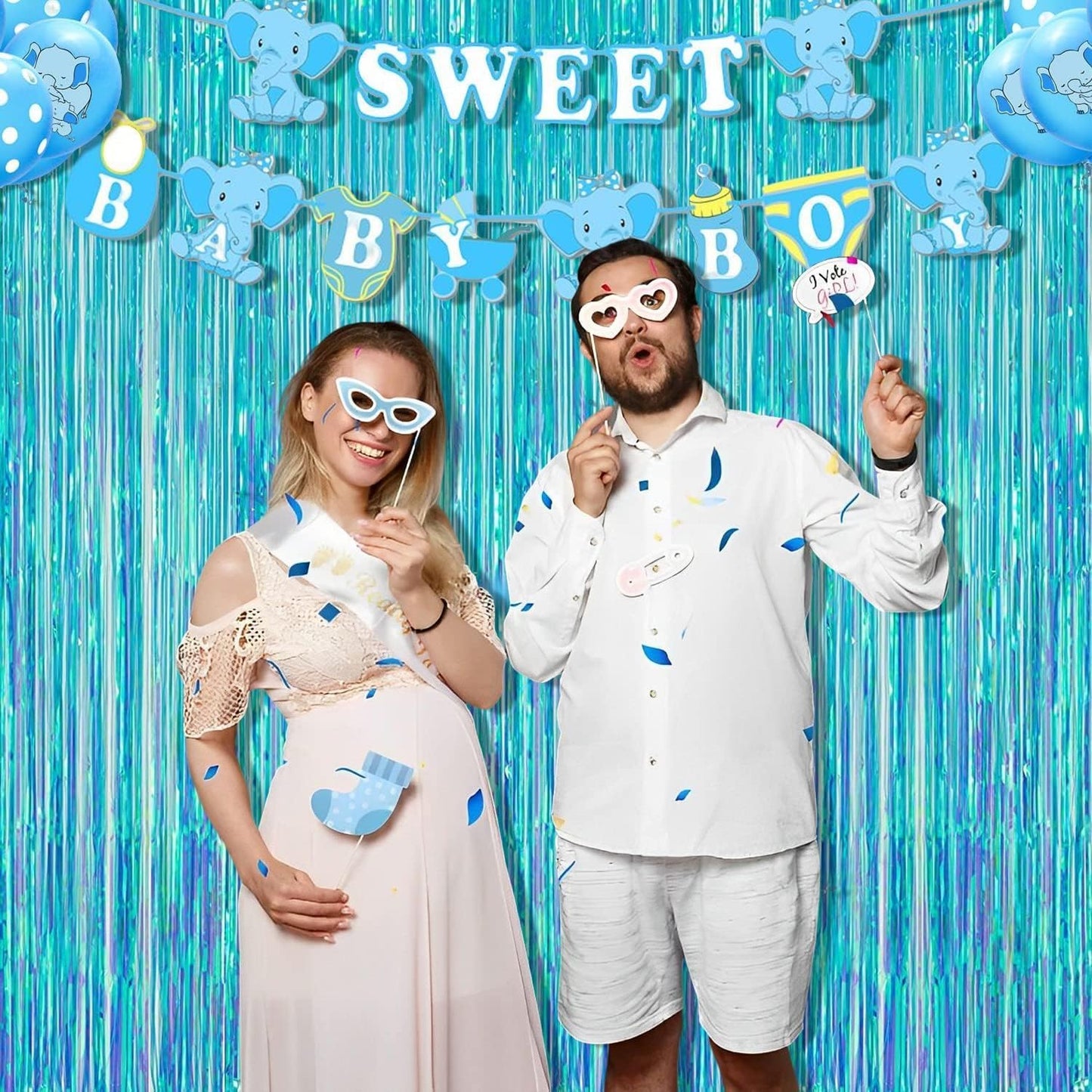 BRAVESHINE Party Decorations Iridescent Foil Fringe Backdrop - 2 Packs 3.2 x 6.5 ft Holographic Tinsel Backdrop Party Streamers Curtain for Birthdays Mermaid Sea Frozen Christmas Parties - Clear Blue