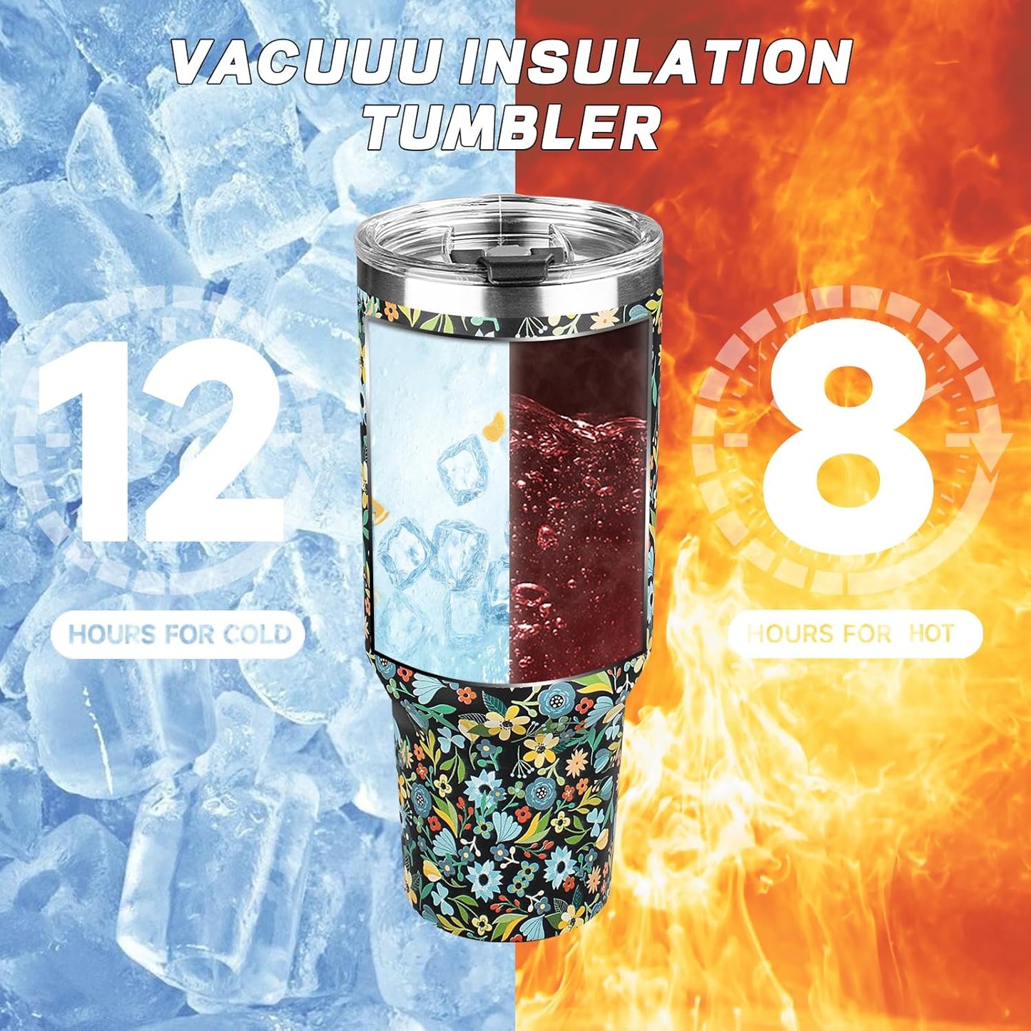 40 oz Tumbler with Lids and Straws, Stainless Steel Insulated Coffee Tumbler, Double Wall Vacuum Insulated Travel Mug Cup, Leakproof Thermal Coffee Cup for Hot and Cold Drinks (Blue Flower)