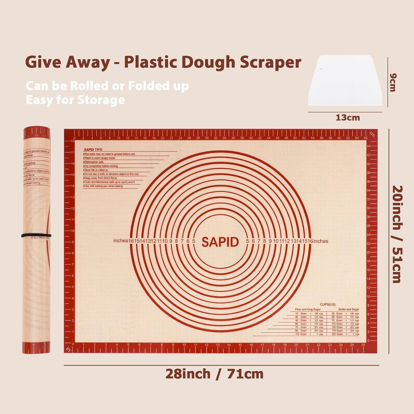 Sapid Extra Thick Silicone Pastry Mat Non-slip with Measurements for Non-stick Silicone Baking Mat Extra Large, Dough Rolling, Pie Crust, Kneading Mats, Countertop, Placement Mats (20" x 28", Red)