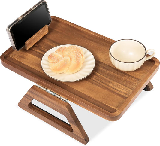 Acacia Wood Sofa Armrest Tray -15.4 x 9.84 in Double Hinge Sofa Arm Tray Table Clip-Couch Arm Table-Wooden Side Tables for Eating and Drink (Acacia, 15.4" D x 9.84" W x 5.7" H)(Natural)