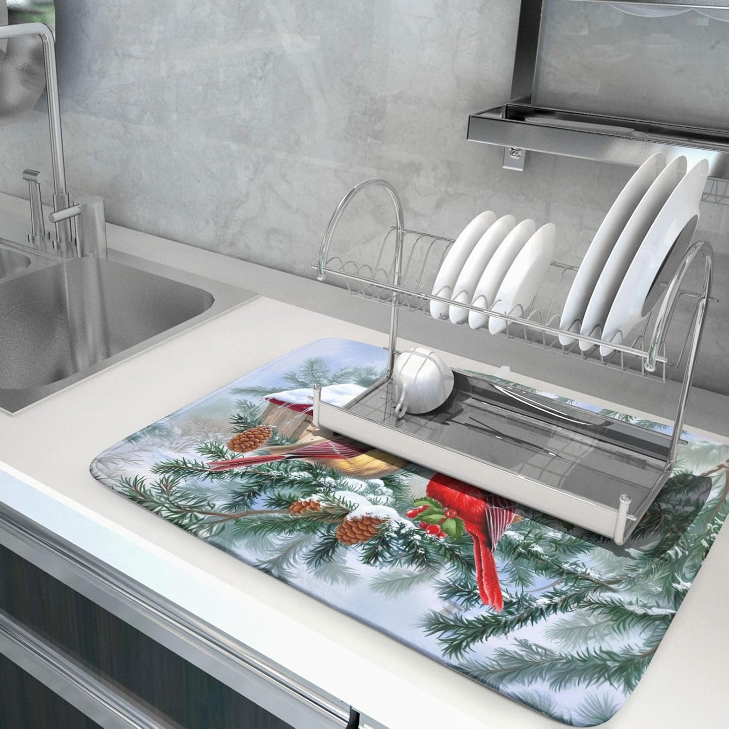 Winter Red Cardinal Bird Dish Drying Mat for Kitchen Counter,Holly Berry Branches Xmas Snowflake Cabin Drying Mat 18 x 24 Inch with High Absorbent Microfiber Drainer Mat for Coffee Bar