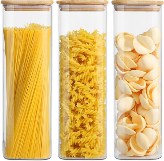 Glass Food Storage Jars with Lids(76oz)Square Set of 3 ,Glass Storage Containers Clear Glass Food Canister with Bamboo Lid Airtight For Serving Tea, Coffee Beans, Flour,Cookie, Cereal,Spice and More