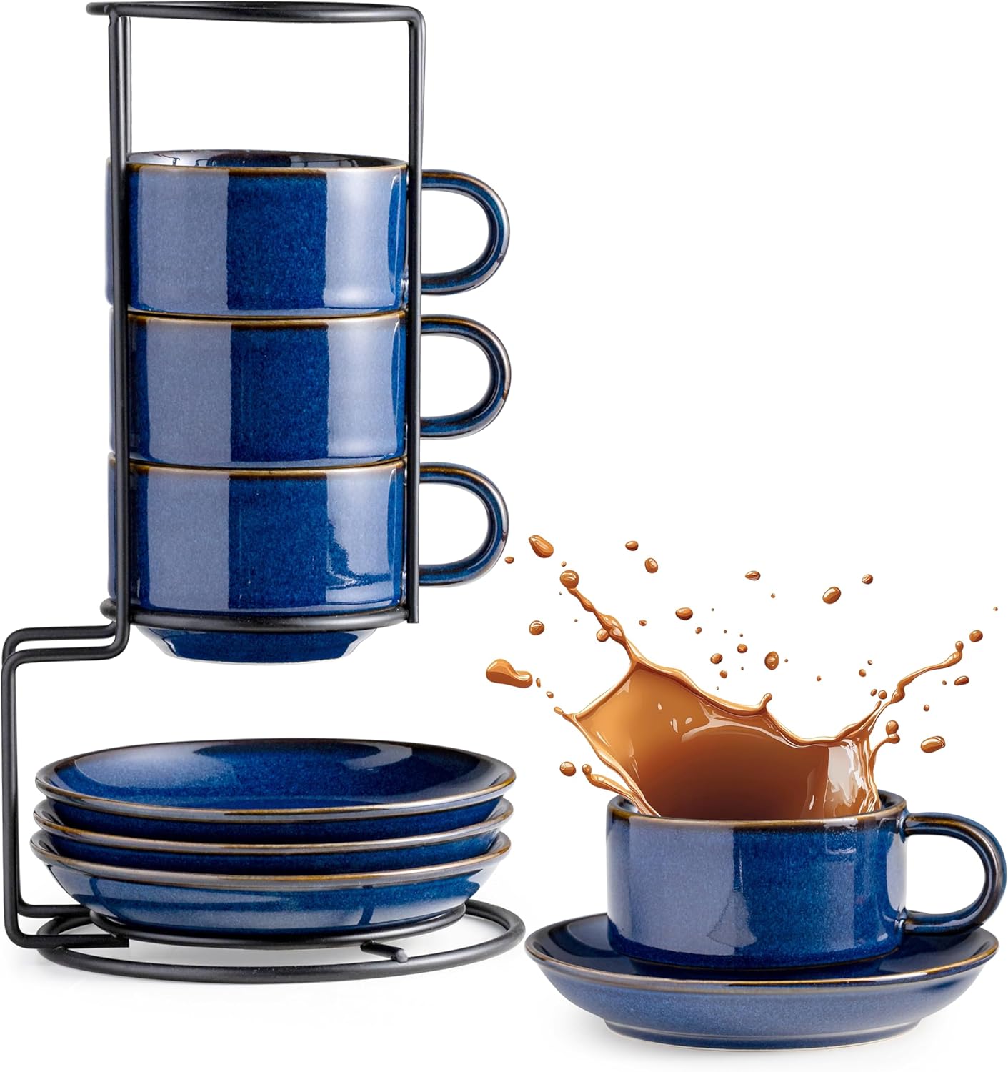 Gomakren 6 Ounce Cappuccino Cups with Saucers and Metal Stand, Stackable Coffee Cup Set of 4, Porcelain Espresso Cups for Coffee Drinks, Cappuccino, Latte, Americano, Tea, Cobalt Blue