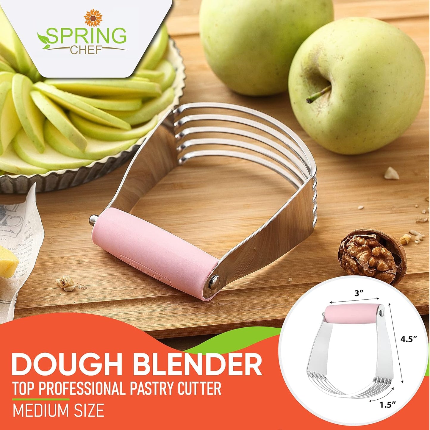 Spring Chef Medium Size Dough Blender For Baking, Stainless Steel Dough Cutter Tool, Manual Pastry Cutter Tool with Sharp & Thick Blades, Dishwasher Safe Pastry Blender for Easy Mixing - Pink Lemonade