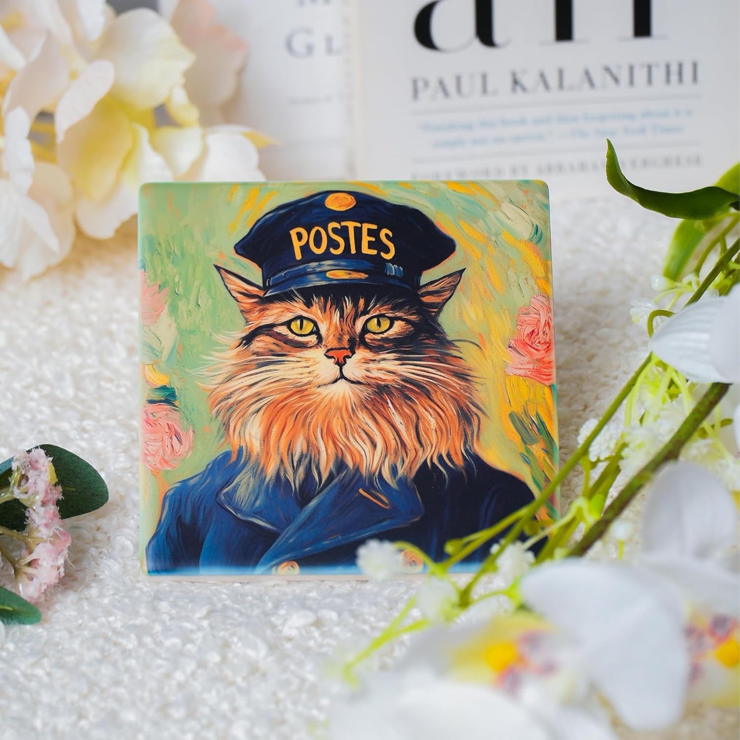 Ceramic Coasters Set of 4 – Square Drink Coasters with Cork Backing, 3.9x3.9 Inches – Decorative Printed Designs for Home, Office, or Gift Use (Starry Cats)