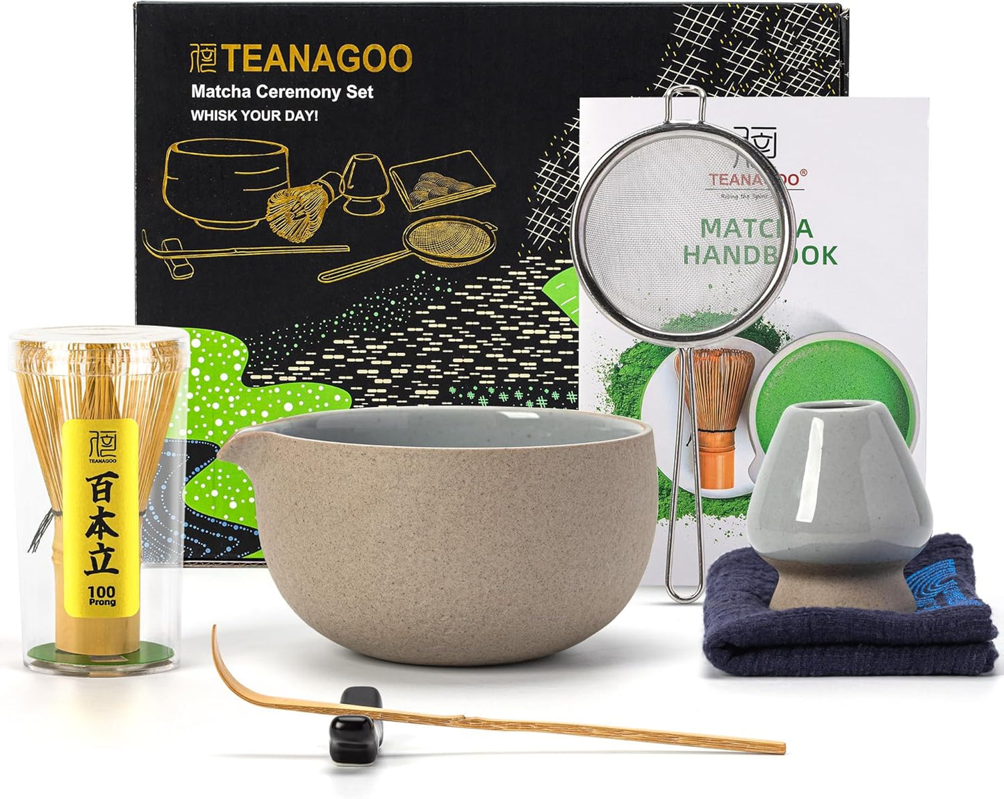 TEANAGOO Matcha Whisk Set,7 Pcs Matcha Set,Matcha Kit for Ceremony,Matcha Tea Set for Making Breakfast/Latte,Starter Kit Set and Bowl with All Accessories,Gift for Friend/Family
