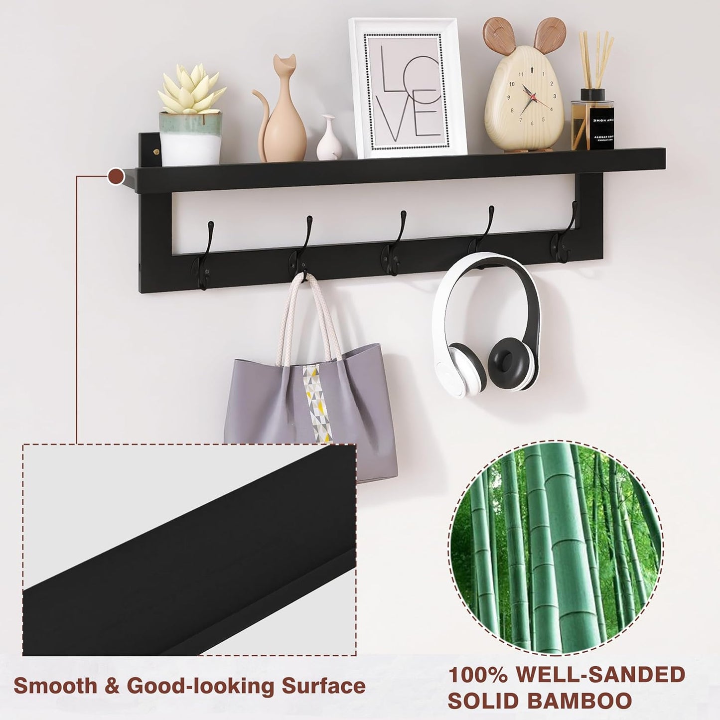 SMIBUY Coat Hooks with Shelf Wall-Mounted, 29.2 Inch Entryway Coat Rack for Wall, Bamboo Hanging Shelf with 5 Double Metal Hooks for Bathroom, Bedroom, Kitchen, Living Room, Mudroom (Black)