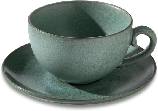 Cup and Saucer Set Turquoise Ceramic Cappuccino Mug Set of 1-10 oz Microwave and Dishwasher Safe, Perfect For Tea, Espresso, Latte - Porcelain Mugs for Kitchen or Cafe