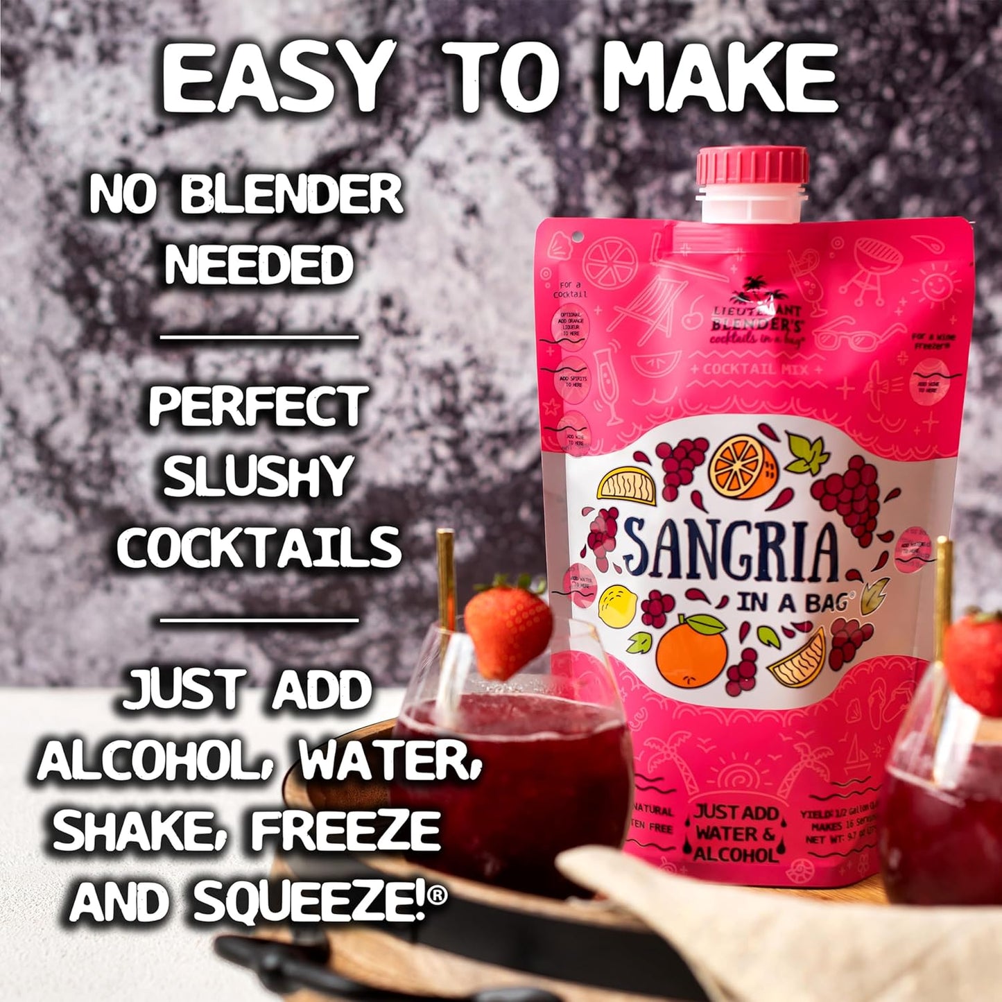 Lt. Blender's Sangria in a Bag – Wine Slushie Mixes - Each Bag Makes 1/2 Gallon of Frozen Red Sangria Mix – Non-GMO Wine Freezer Mix - Make with Wine, Liquor or as a Mocktail - (Pack of 1)