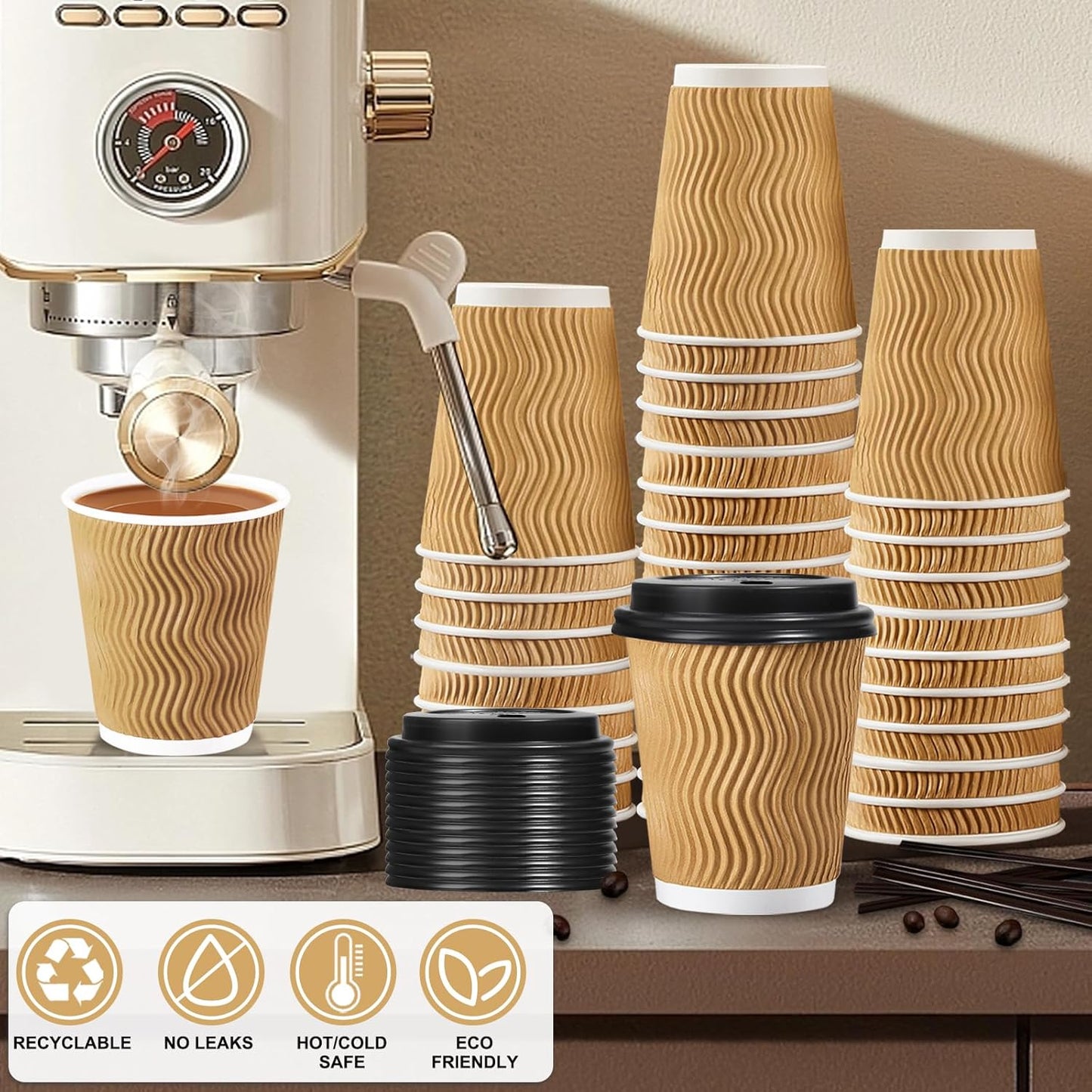 12 oz Coffee Cups-90 Pack Disposable Coffee Cups with Lids and Straws, Insulated Ripple Wall To Go Paper Coffee Cup for Coffee, Hot Chocolate and Hot Tea Drinks - Champagne