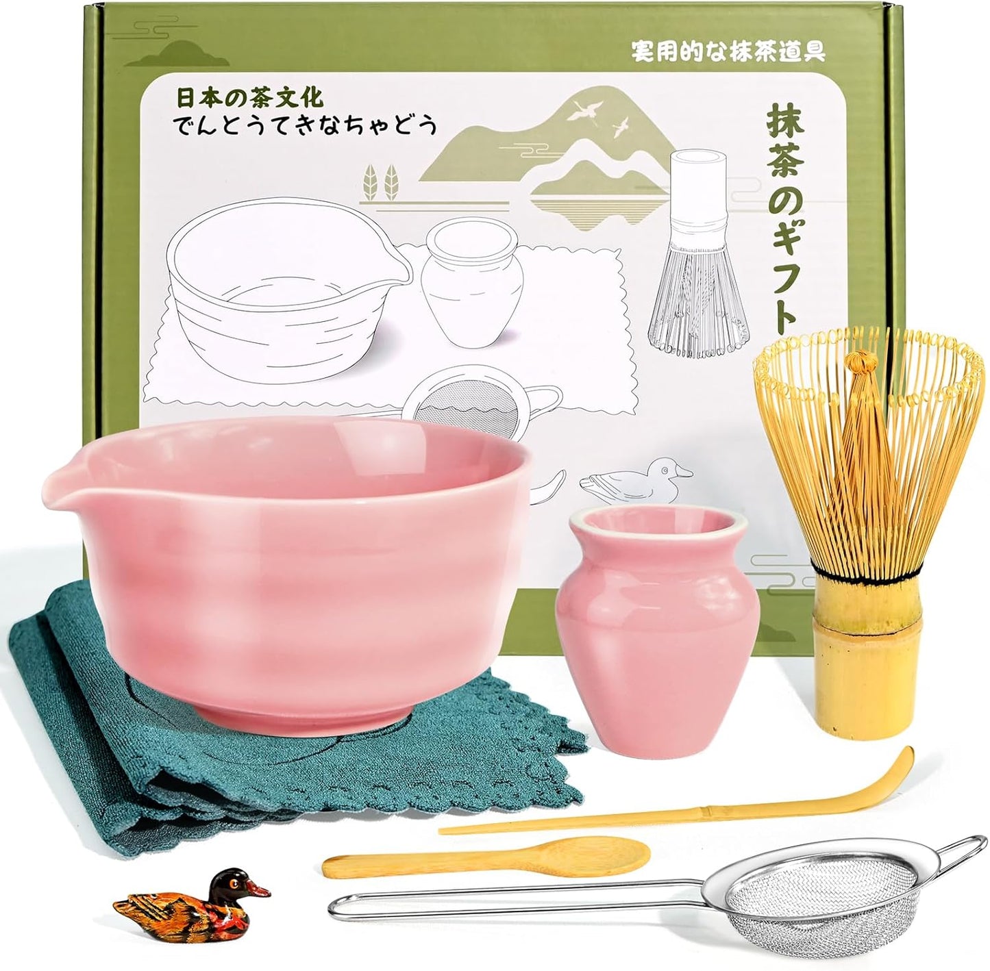 Matcha Set, 9 Pcs Japanese Matcha Whisk Set Matcha Tea Set for Traditional Tea Ceremony, Ceramic Matcha Kit for Matcha Drinks Matcha Set Whisk and Bowl Gift for Starters & Matcha Lover, Pink