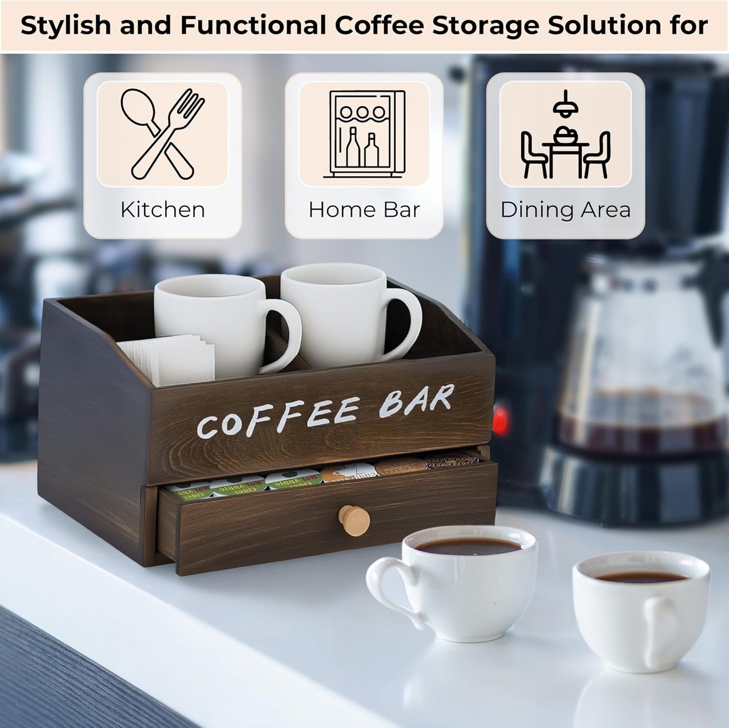 Coffee Station Organizer for Countertop with Pod Storage Drawer - Coffee Bar for Home, Kitchen, Dining Area, Office & Breakroom - Natural Wood, 3 Compartments, 2-tier, Rustic Brown