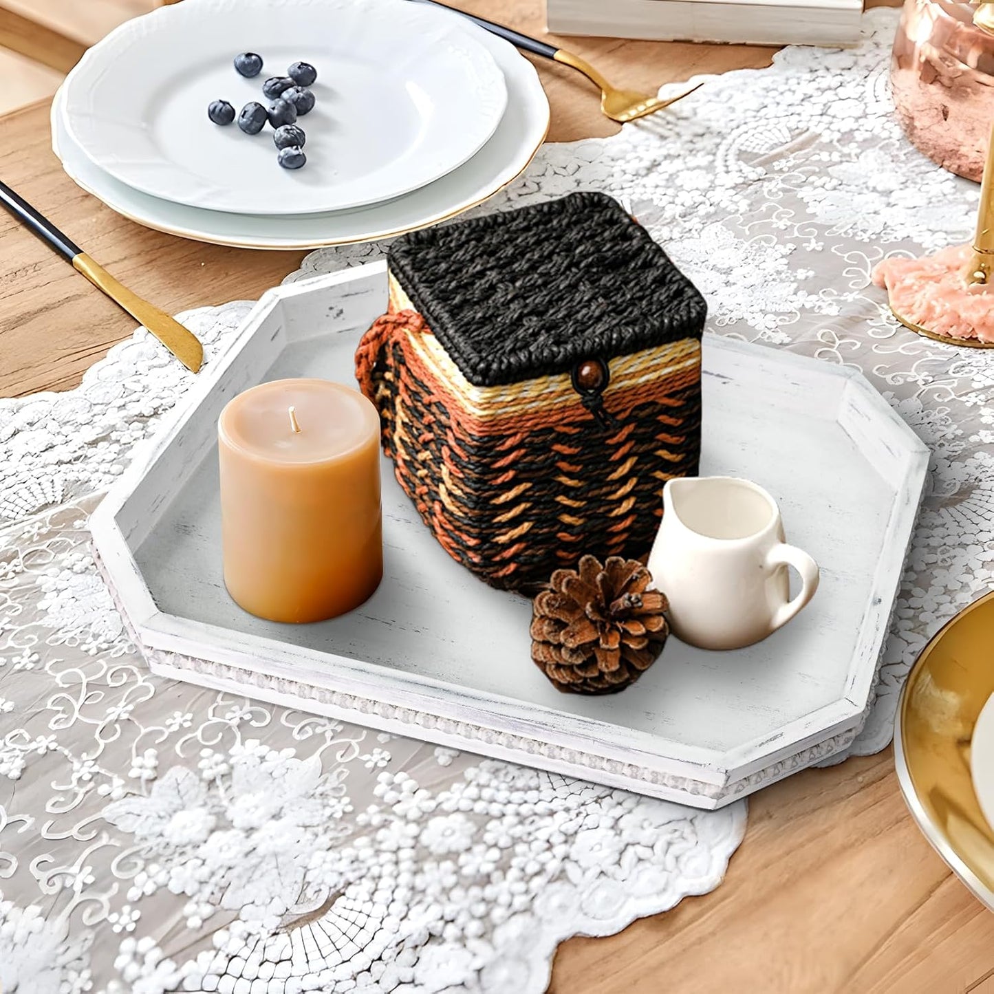 Wooden Decorative Tray, Rustic Serving Tray with Wood Bead, Farmhouse Big Tray for Ottoman, Countertop, Coffee Tabl, 16.5" x 13"x 1.6" (Retro White)