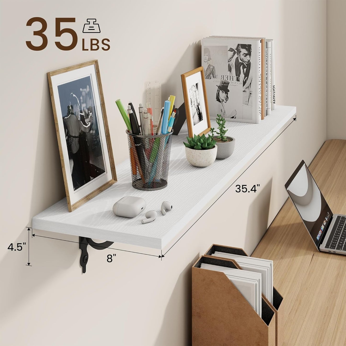 RICHFOCUS Floating Shelves for Wall Decor, 35.4W x 8D Wall Shelves Set of 2, 8 Inch Deep Rustic Wood Shelves Wall Mounted with Brackets, Long Floating Shelves for Living Room Bedroom Kitchen, White
