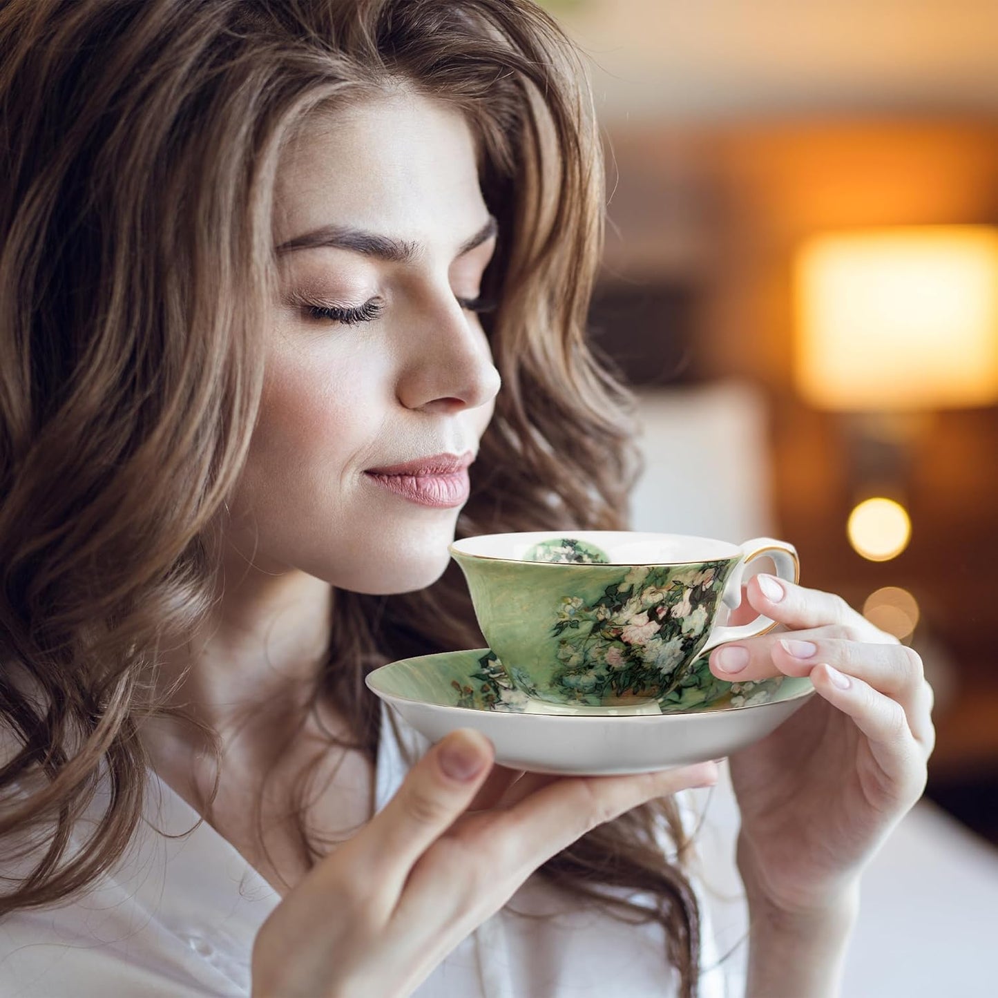 Floral Tea Cups Saucers Set of 2, Van Gogh Paintings Bone China 7 oz British Teacups Porcelain Tea Cups Coffee for Rose Teacups Cappuccino Espresso Latte (White Roses & Flowers Vase)