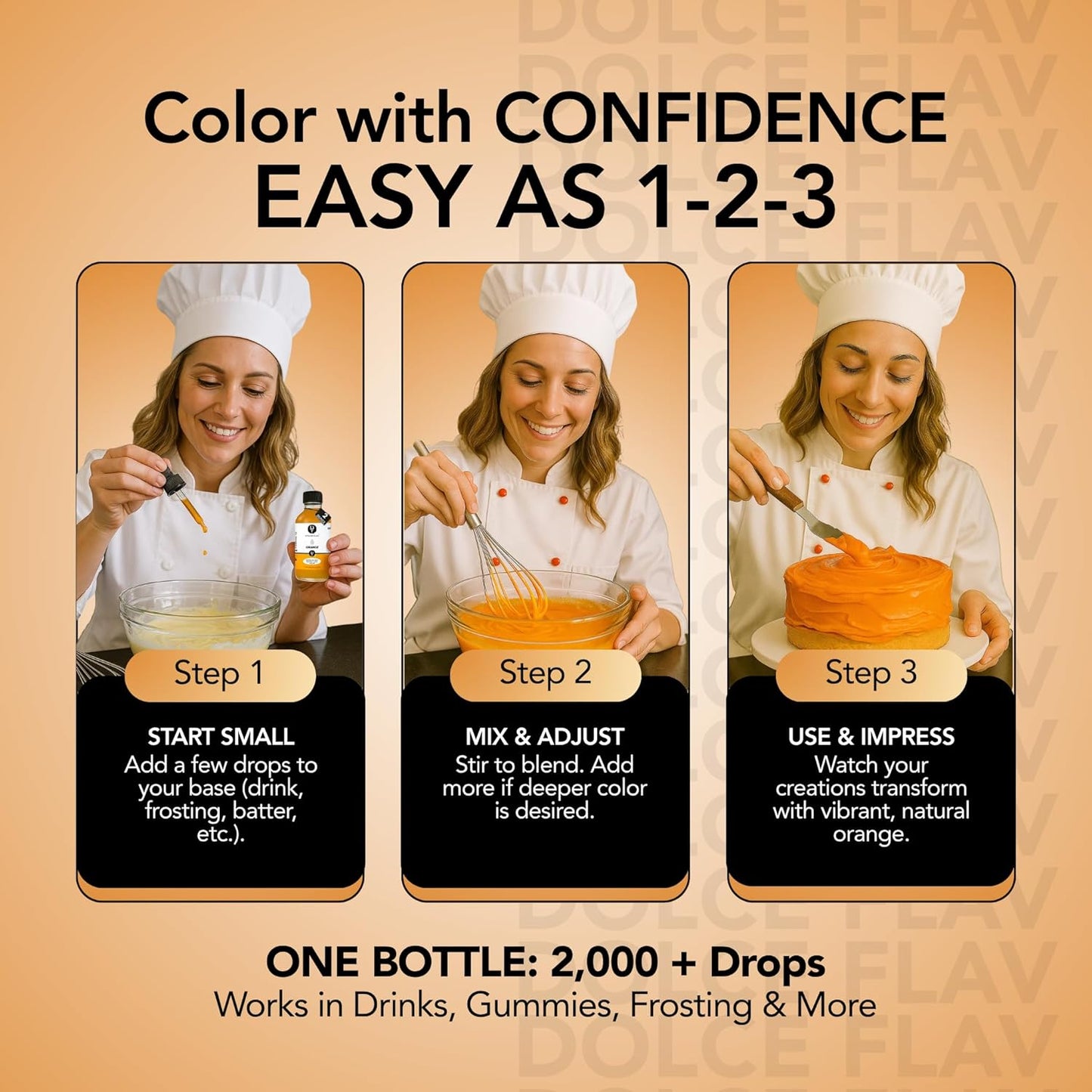 Dolce Flav Natural Orange Food Coloring – 2 oz Bright Plant-Based Liquid Dye | Water-Soluble Color for Baking, Drinks & Desserts | Graduated Dropper Included | No Artificial Dyes | Kosher | Made in USA