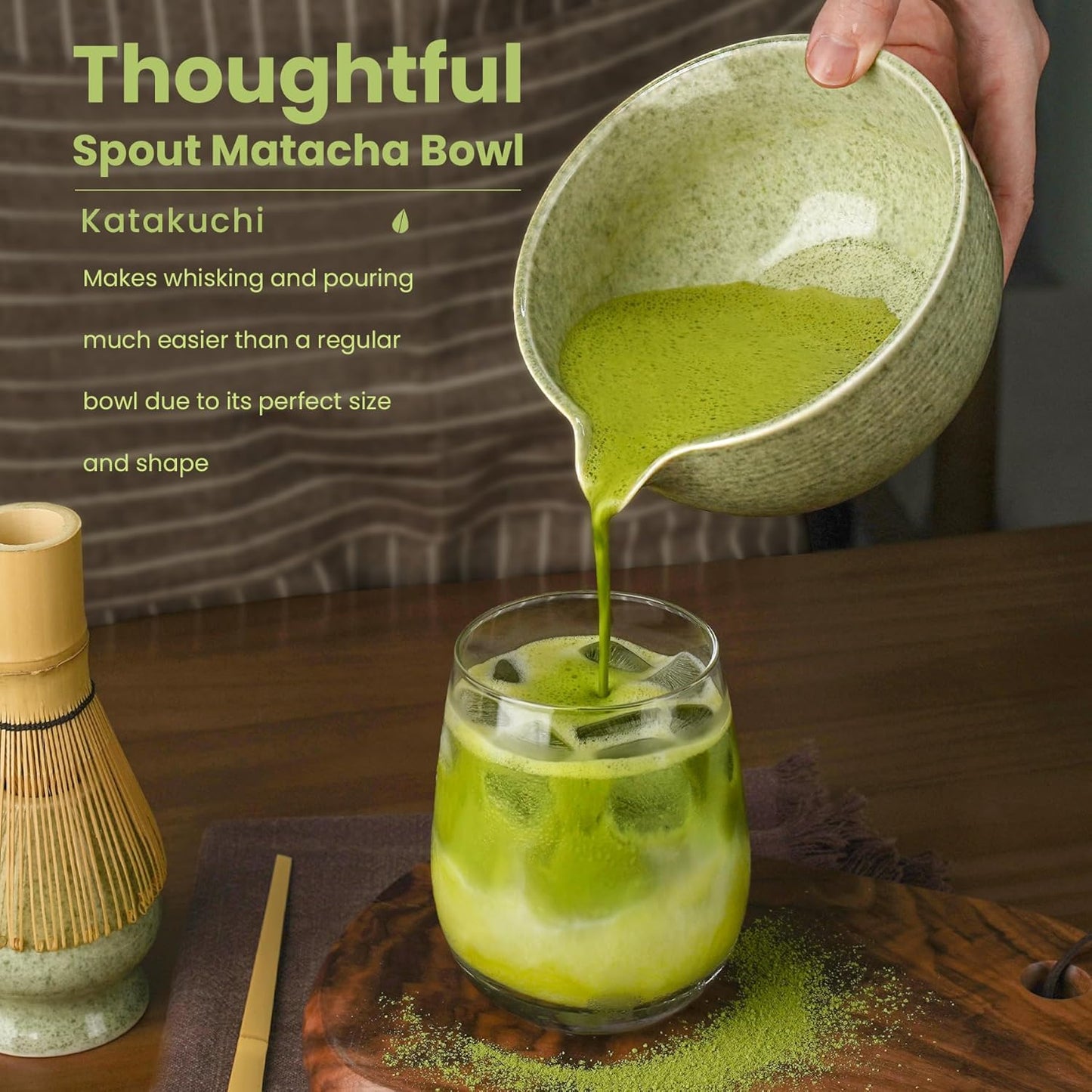 Matcha Whisk Set, Handcrafted Bamboo Chasen & Ceramic Bowl Matcha Kit, Complete 5 Pcs Matcha Set Whisk and Bowl W/Stainless Steel Sifter, Bamboo Scoop & Holder for Matcha Tea Ceremony (Mottled Green)